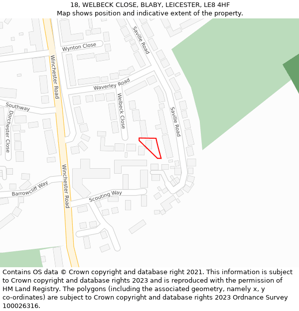 18, WELBECK CLOSE, BLABY, LEICESTER, LE8 4HF: Location map and indicative extent of plot