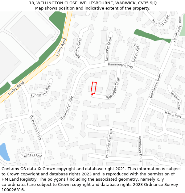 18, WELLINGTON CLOSE, WELLESBOURNE, WARWICK, CV35 9JQ: Location map and indicative extent of plot