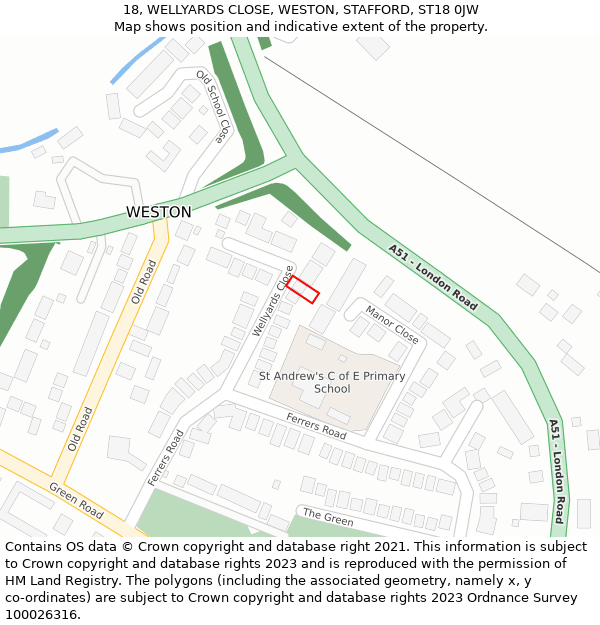 18, WELLYARDS CLOSE, WESTON, STAFFORD, ST18 0JW: Location map and indicative extent of plot