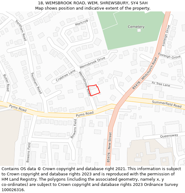 18, WEMSBROOK ROAD, WEM, SHREWSBURY, SY4 5AH: Location map and indicative extent of plot