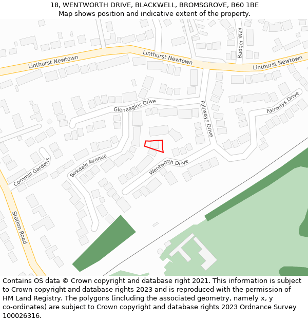 18, WENTWORTH DRIVE, BLACKWELL, BROMSGROVE, B60 1BE: Location map and indicative extent of plot