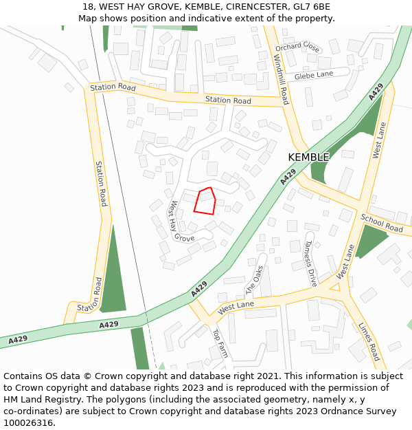 18, WEST HAY GROVE, KEMBLE, CIRENCESTER, GL7 6BE: Location map and indicative extent of plot