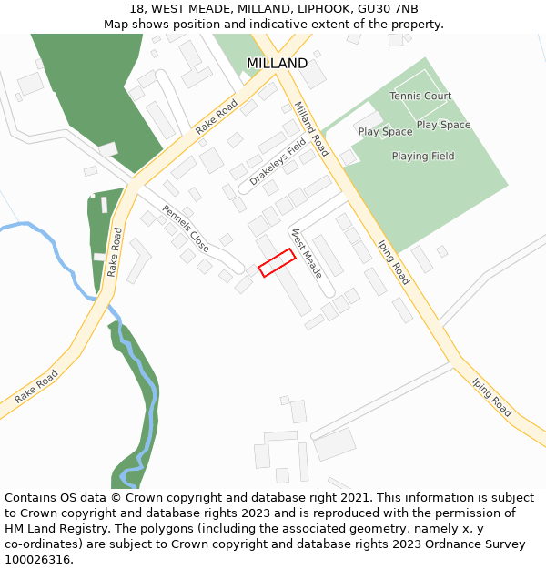 18, WEST MEADE, MILLAND, LIPHOOK, GU30 7NB: Location map and indicative extent of plot