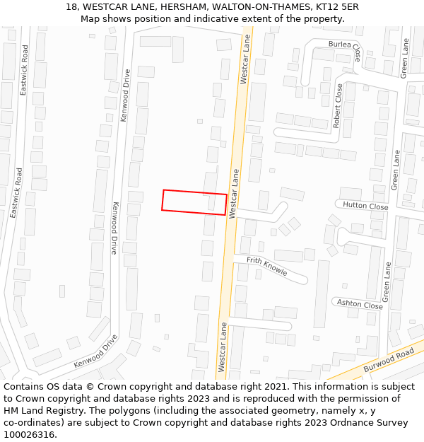 18, WESTCAR LANE, HERSHAM, WALTON-ON-THAMES, KT12 5ER: Location map and indicative extent of plot