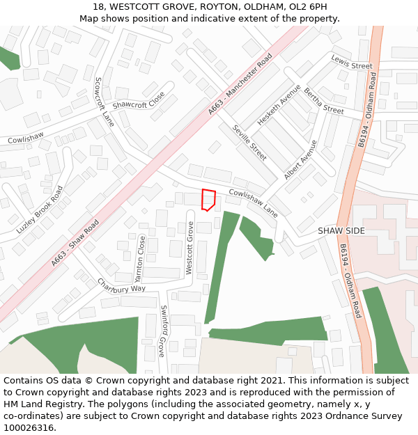 18, WESTCOTT GROVE, ROYTON, OLDHAM, OL2 6PH: Location map and indicative extent of plot