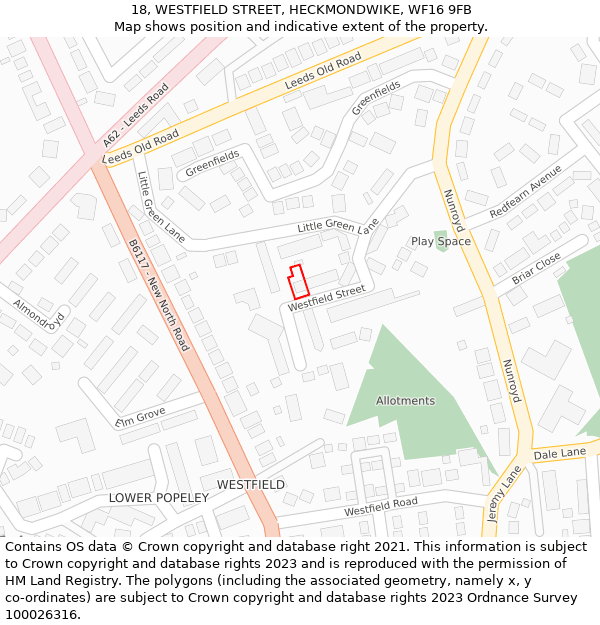 18, WESTFIELD STREET, HECKMONDWIKE, WF16 9FB: Location map and indicative extent of plot
