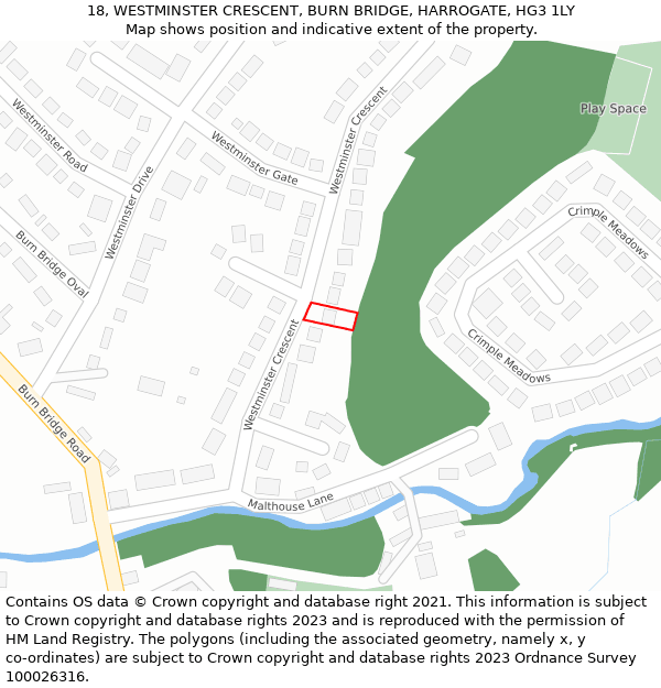 18, WESTMINSTER CRESCENT, BURN BRIDGE, HARROGATE, HG3 1LY: Location map and indicative extent of plot