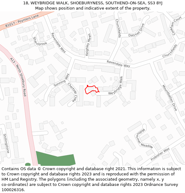 18, WEYBRIDGE WALK, SHOEBURYNESS, SOUTHEND-ON-SEA, SS3 8YJ: Location map and indicative extent of plot