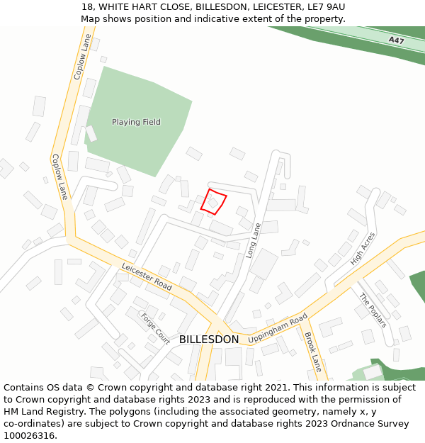 18, WHITE HART CLOSE, BILLESDON, LEICESTER, LE7 9AU: Location map and indicative extent of plot