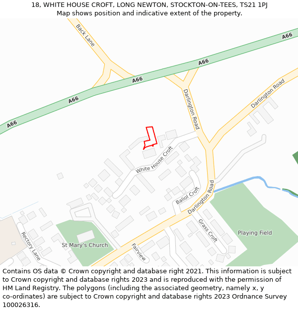 18, WHITE HOUSE CROFT, LONG NEWTON, STOCKTON-ON-TEES, TS21 1PJ: Location map and indicative extent of plot