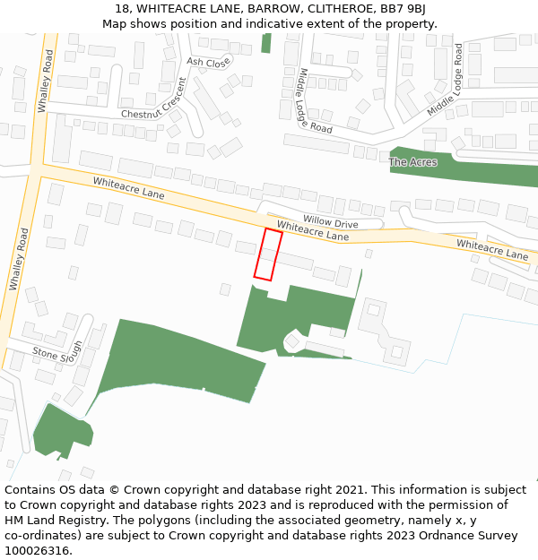 18, WHITEACRE LANE, BARROW, CLITHEROE, BB7 9BJ: Location map and indicative extent of plot
