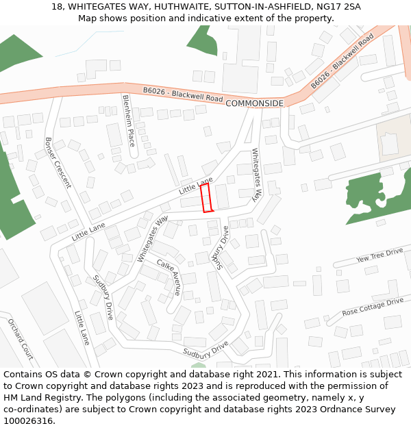 18, WHITEGATES WAY, HUTHWAITE, SUTTON-IN-ASHFIELD, NG17 2SA: Location map and indicative extent of plot