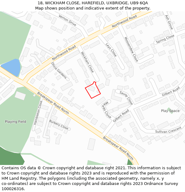 18, WICKHAM CLOSE, HAREFIELD, UXBRIDGE, UB9 6QA: Location map and indicative extent of plot