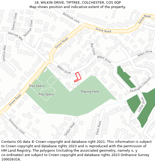 18, WILKIN DRIVE, TIPTREE, COLCHESTER, CO5 0QP: Location map and indicative extent of plot