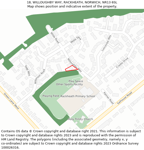 18, WILLOUGHBY WAY, RACKHEATH, NORWICH, NR13 6SL: Location map and indicative extent of plot