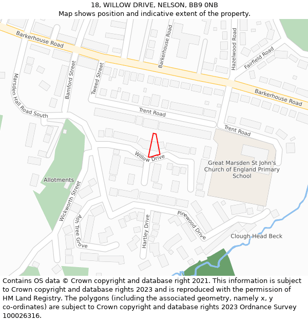 18, WILLOW DRIVE, NELSON, BB9 0NB: Location map and indicative extent of plot