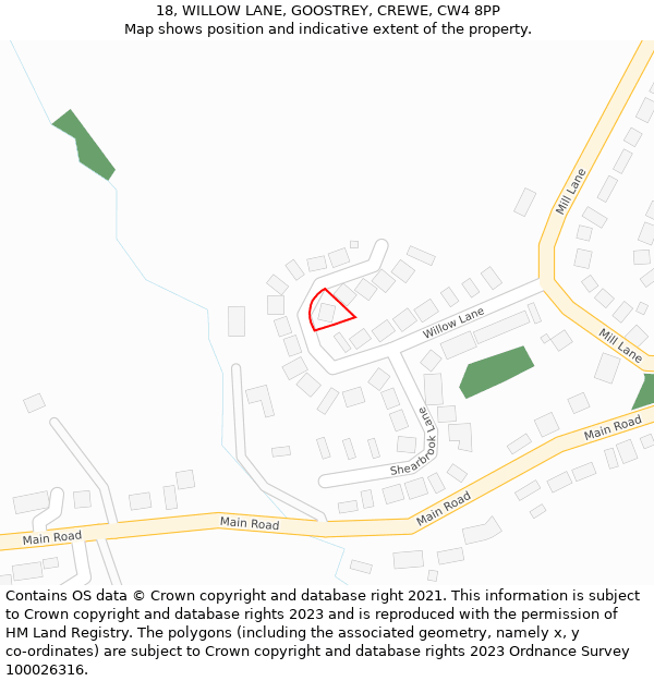 18, WILLOW LANE, GOOSTREY, CREWE, CW4 8PP: Location map and indicative extent of plot