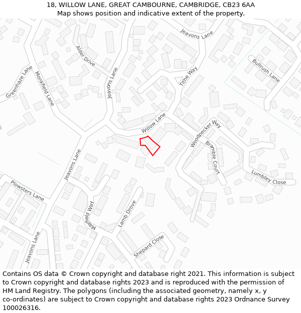 18, WILLOW LANE, GREAT CAMBOURNE, CAMBRIDGE, CB23 6AA: Location map and indicative extent of plot