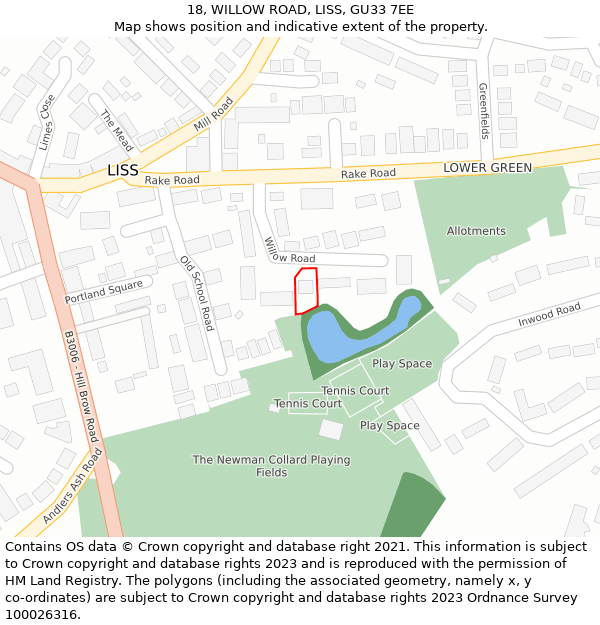 18, WILLOW ROAD, LISS, GU33 7EE: Location map and indicative extent of plot