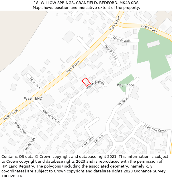 18, WILLOW SPRINGS, CRANFIELD, BEDFORD, MK43 0DS: Location map and indicative extent of plot