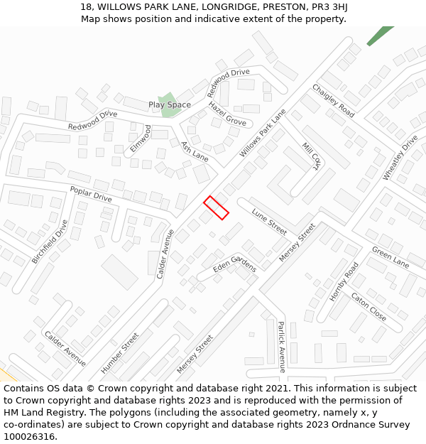 18, WILLOWS PARK LANE, LONGRIDGE, PRESTON, PR3 3HJ: Location map and indicative extent of plot