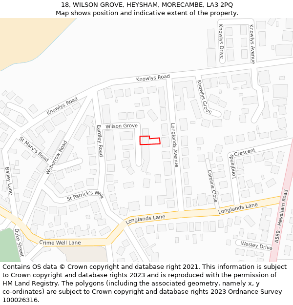 18, WILSON GROVE, HEYSHAM, MORECAMBE, LA3 2PQ: Location map and indicative extent of plot