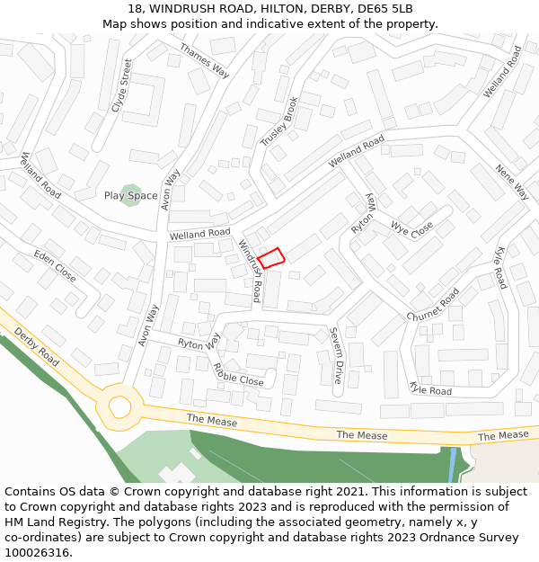 18, WINDRUSH ROAD, HILTON, DERBY, DE65 5LB: Location map and indicative extent of plot