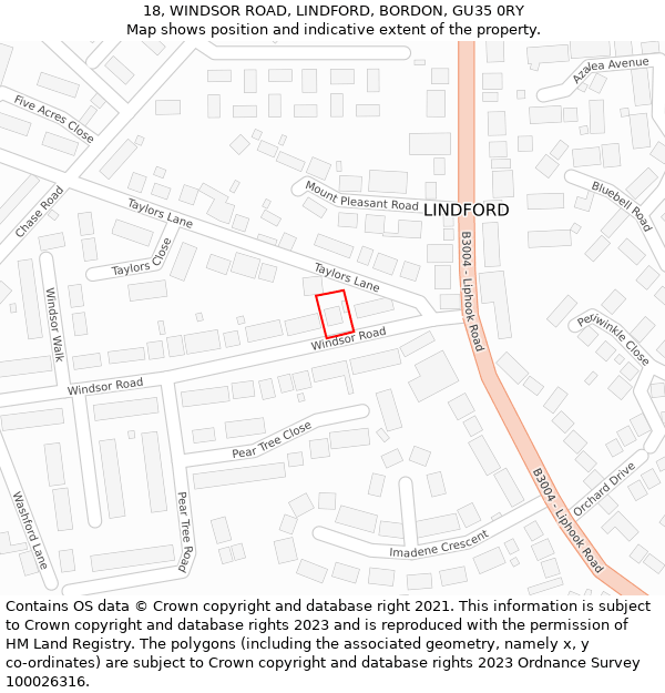 18, WINDSOR ROAD, LINDFORD, BORDON, GU35 0RY: Location map and indicative extent of plot