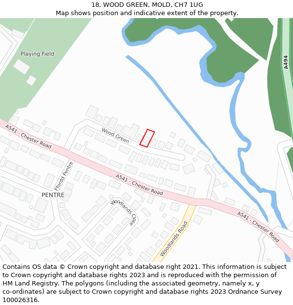 18, WOOD GREEN, MOLD, CH7 1UG: Location map and indicative extent of plot