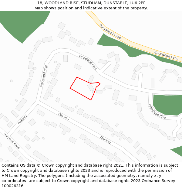 18, WOODLAND RISE, STUDHAM, DUNSTABLE, LU6 2PF: Location map and indicative extent of plot