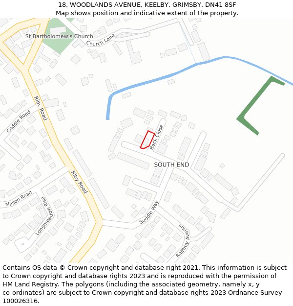 18, WOODLANDS AVENUE, KEELBY, GRIMSBY, DN41 8SF: Location map and indicative extent of plot