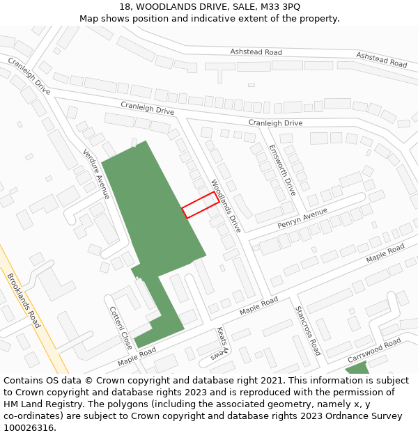 18, WOODLANDS DRIVE, SALE, M33 3PQ: Location map and indicative extent of plot