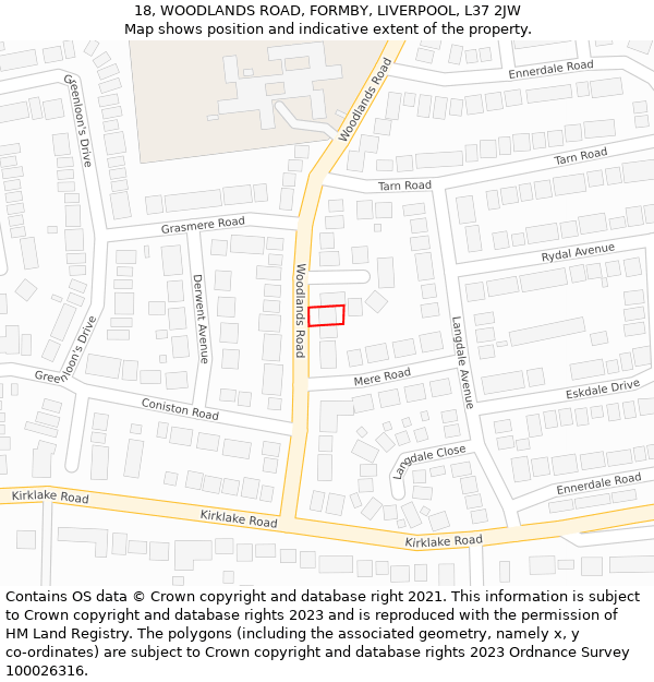 18, WOODLANDS ROAD, FORMBY, LIVERPOOL, L37 2JW: Location map and indicative extent of plot