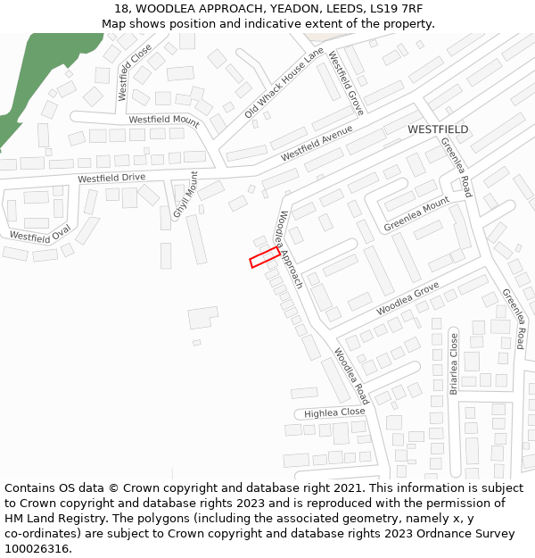 18, WOODLEA APPROACH, YEADON, LEEDS, LS19 7RF: Location map and indicative extent of plot