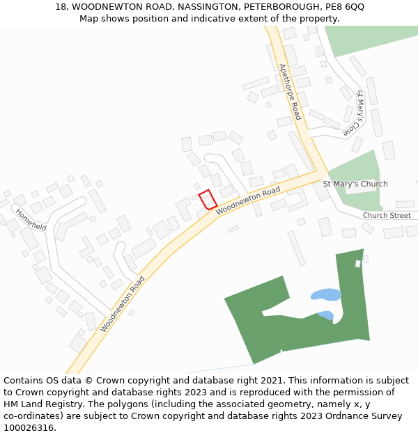 18, WOODNEWTON ROAD, NASSINGTON, PETERBOROUGH, PE8 6QQ: Location map and indicative extent of plot