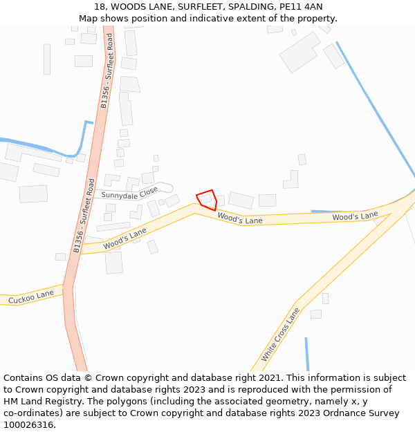 18, WOODS LANE, SURFLEET, SPALDING, PE11 4AN: Location map and indicative extent of plot