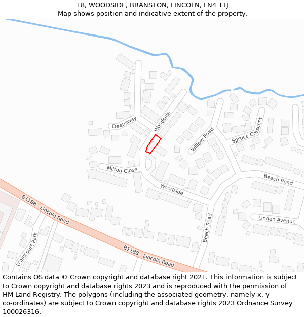 18, WOODSIDE, BRANSTON, LINCOLN, LN4 1TJ: Location map and indicative extent of plot