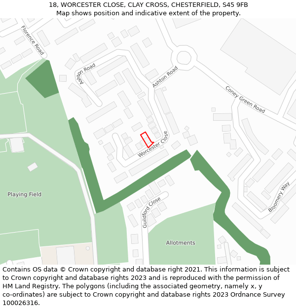 18, WORCESTER CLOSE, CLAY CROSS, CHESTERFIELD, S45 9FB: Location map and indicative extent of plot