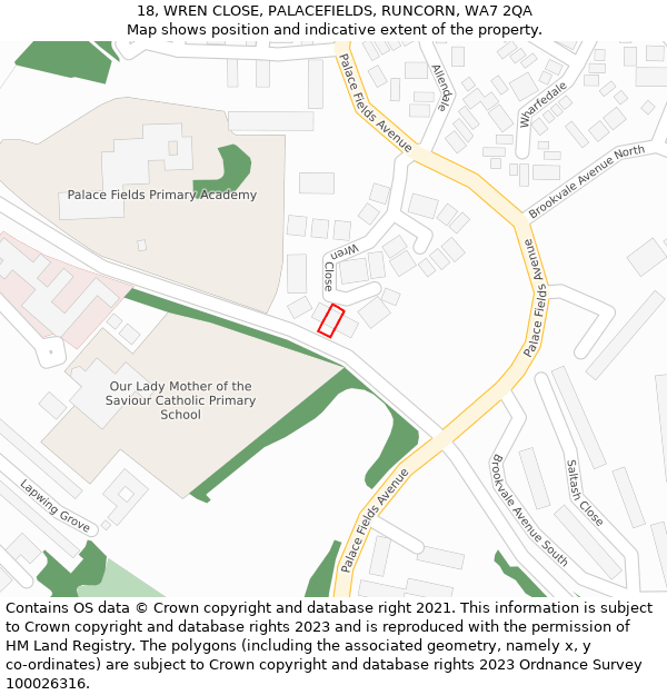 18, WREN CLOSE, PALACEFIELDS, RUNCORN, WA7 2QA: Location map and indicative extent of plot