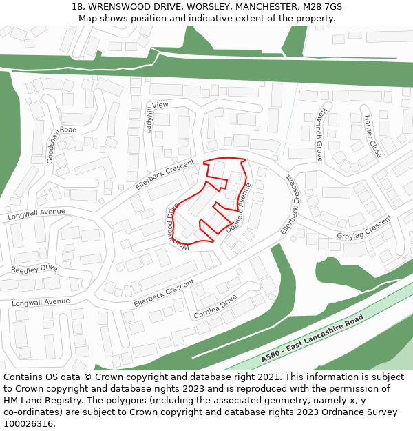 18, WRENSWOOD DRIVE, WORSLEY, MANCHESTER, M28 7GS: Location map and indicative extent of plot