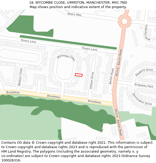 18, WYCOMBE CLOSE, URMSTON, MANCHESTER, M41 7ND: Location map and indicative extent of plot