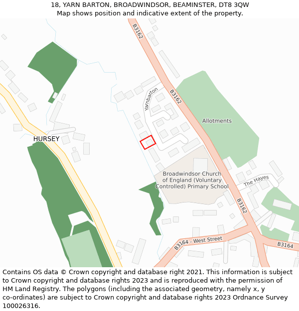 18, YARN BARTON, BROADWINDSOR, BEAMINSTER, DT8 3QW: Location map and indicative extent of plot