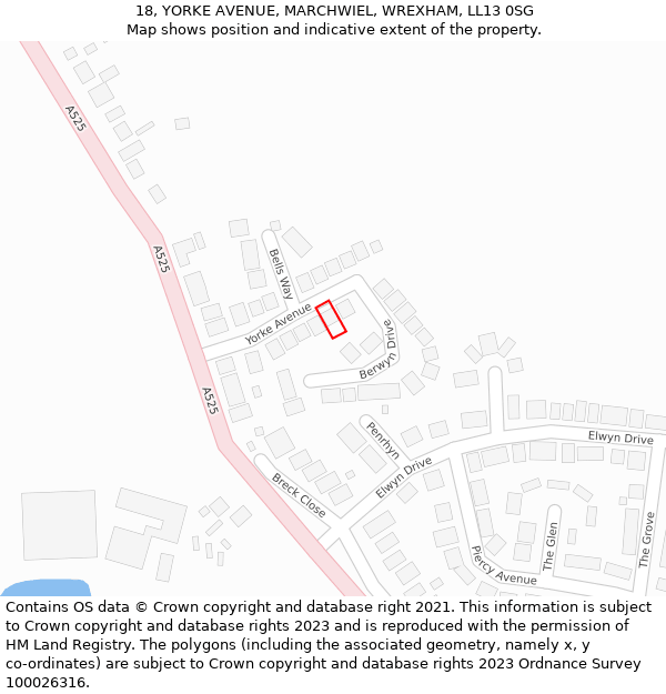 18, YORKE AVENUE, MARCHWIEL, WREXHAM, LL13 0SG: Location map and indicative extent of plot