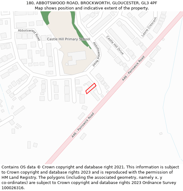 180, ABBOTSWOOD ROAD, BROCKWORTH, GLOUCESTER, GL3 4PF: Location map and indicative extent of plot