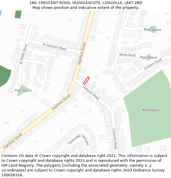 180, CRESCENT ROAD, HUGGLESCOTE, COALVILLE, LE67 2BD: Location map and indicative extent of plot