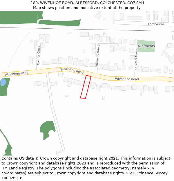 180, WIVENHOE ROAD, ALRESFORD, COLCHESTER, CO7 8AH: Location map and indicative extent of plot