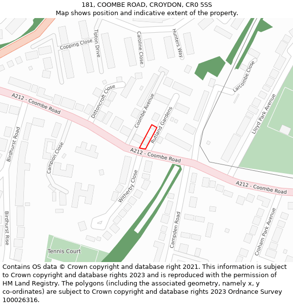 181, COOMBE ROAD, CROYDON, CR0 5SS: Location map and indicative extent of plot