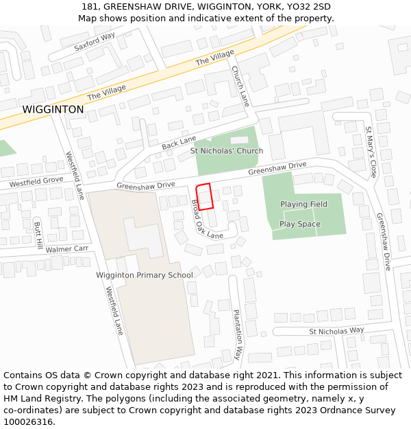 181, GREENSHAW DRIVE, WIGGINTON, YORK, YO32 2SD: Location map and indicative extent of plot