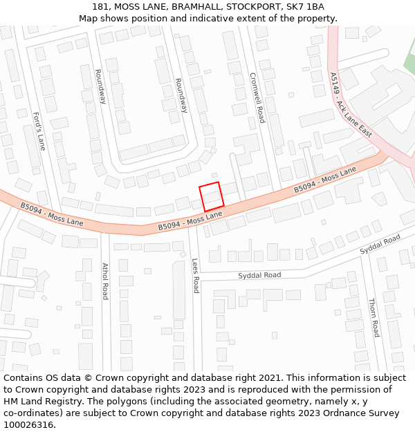 181, MOSS LANE, BRAMHALL, STOCKPORT, SK7 1BA: Location map and indicative extent of plot