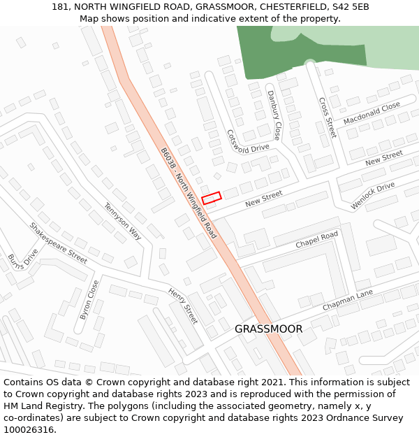 181, NORTH WINGFIELD ROAD, GRASSMOOR, CHESTERFIELD, S42 5EB: Location map and indicative extent of plot